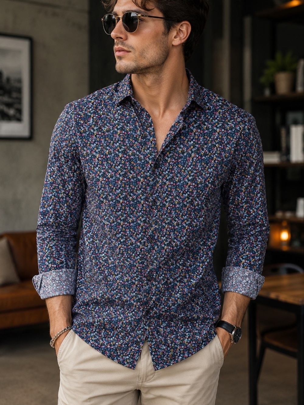 Cactus Man Ricky Singh Men's Floral Button Down Shirt Medium Navy Multicolor 100